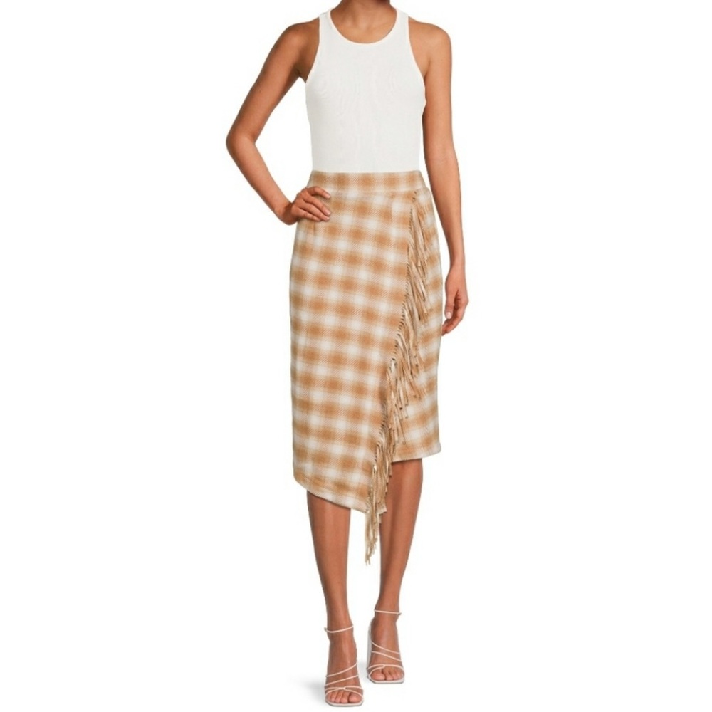 Time and Tru Tan Plaid Fringe Skirt
